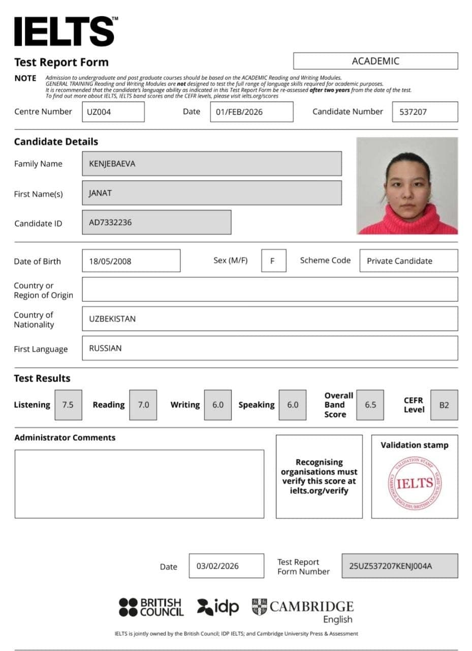 Kenjebaeva Janat — IELTS 6,5