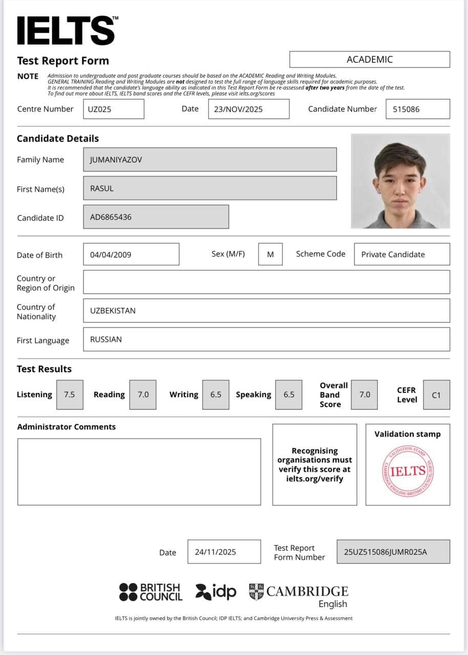 Jumaniyazov Rasul — IELTS C1
