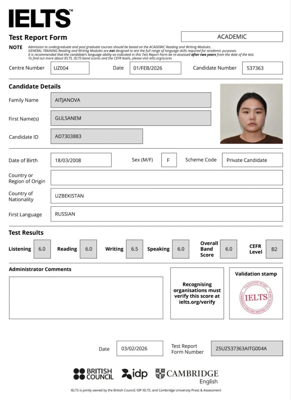 Aitjanova Gulsanem — IELTS B2
