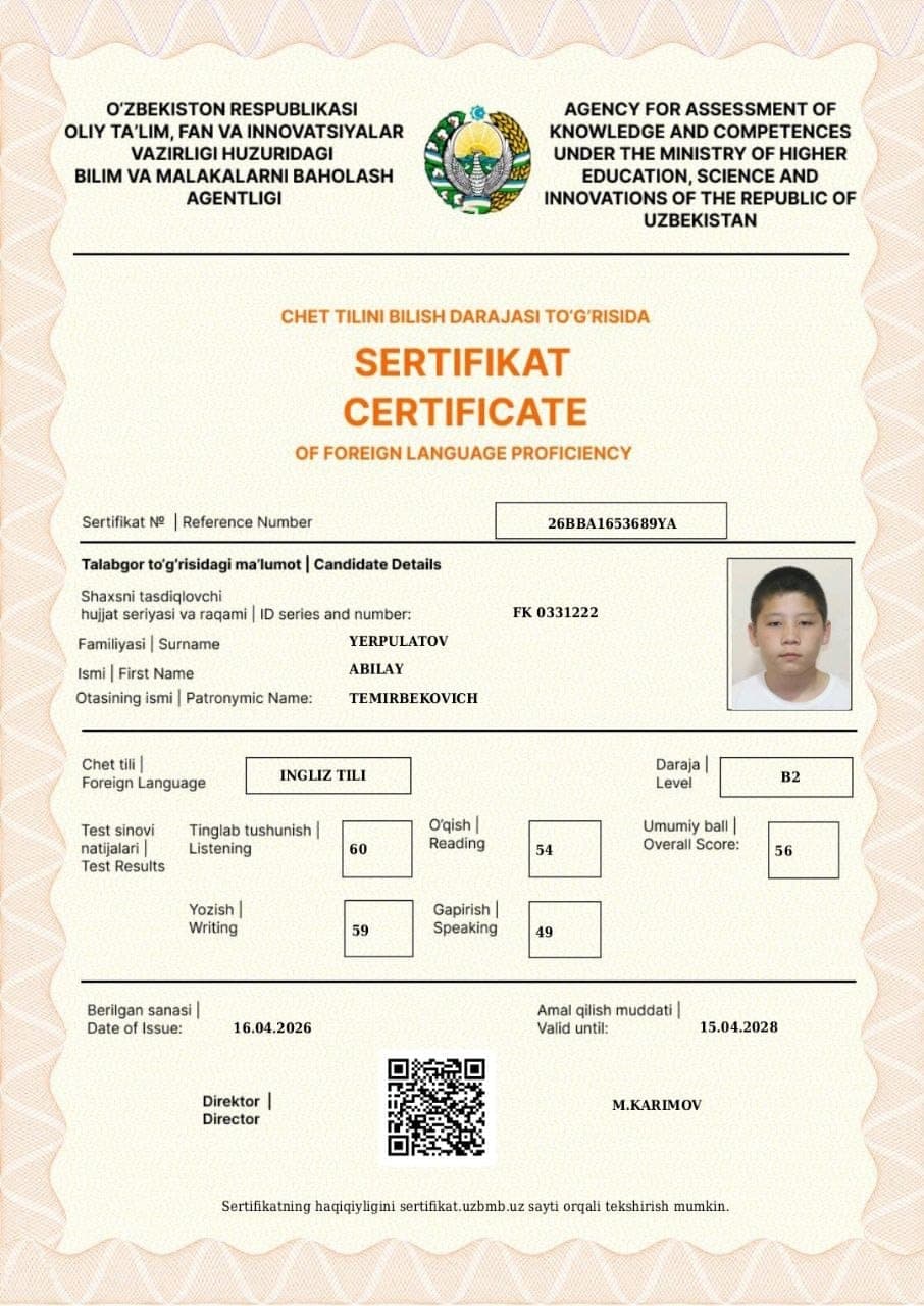 Yerpulatov Abilay — CEFR B2