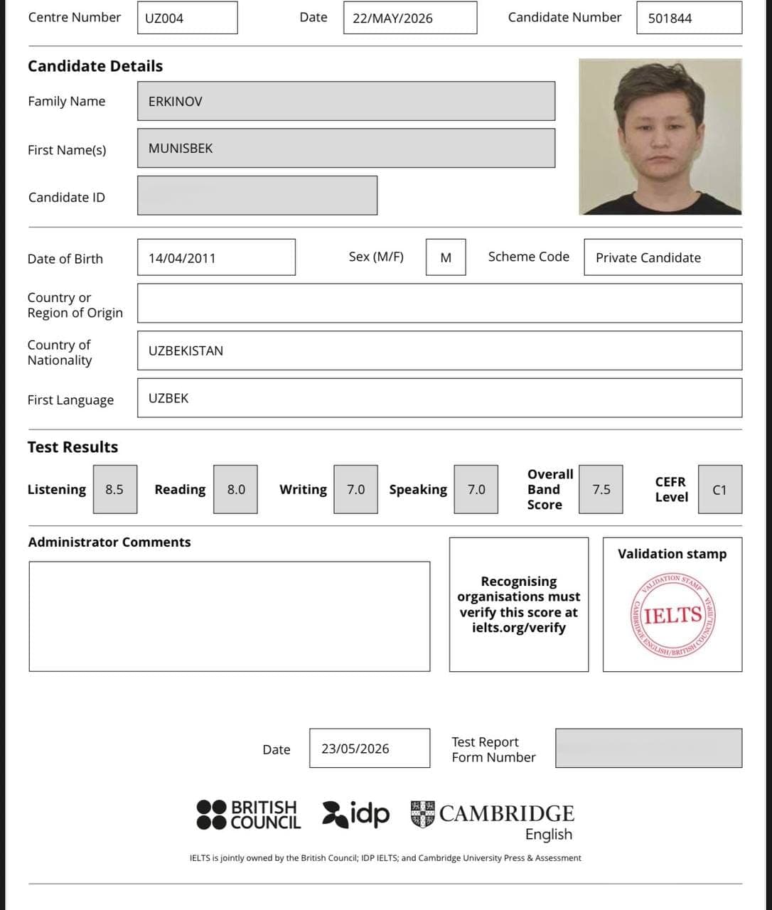 Erkinov Munisbek — IELTS 7.5