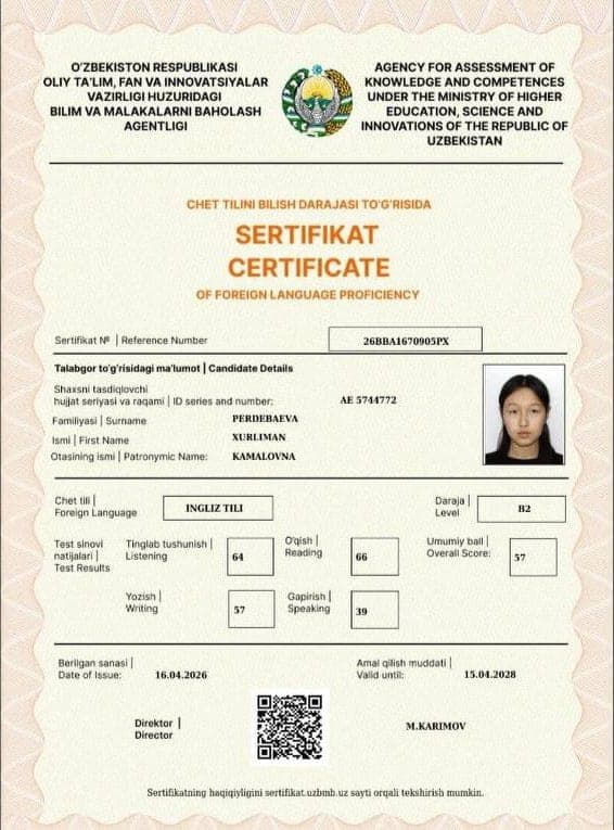Perdebaeva Xurliman — CEFR B2