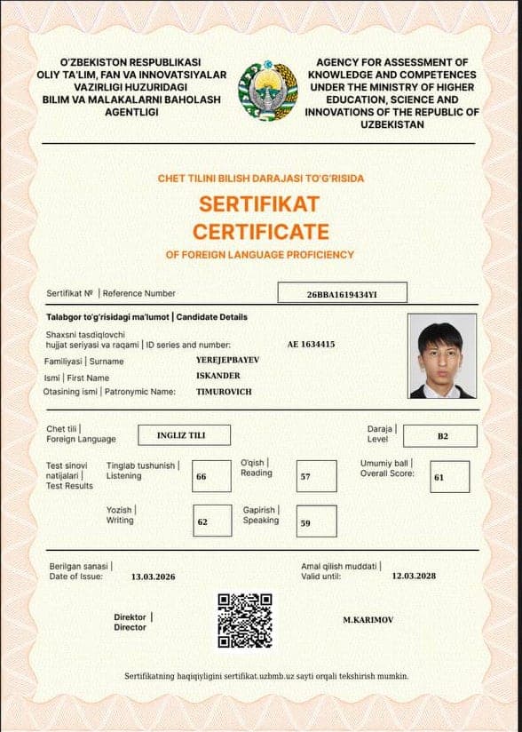 Yerejepbayev Iskander — CEFR B2