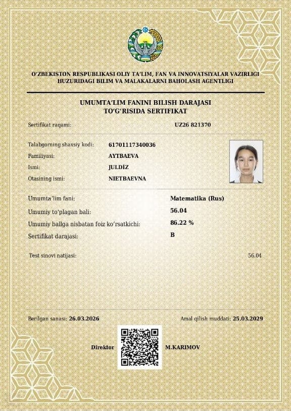 Aytbaeva Juldiz — Matematika sertificat B